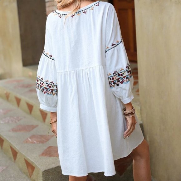 Boho Shabby Chic Embroidery Lantern Sleeve Smock Dress - Picture 4 of 5